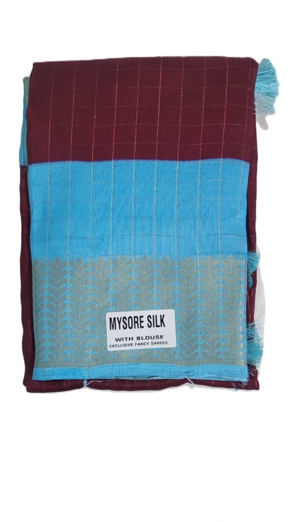 Mysore Silk Maroon & Sky Blue Saree with Golden Zari Border