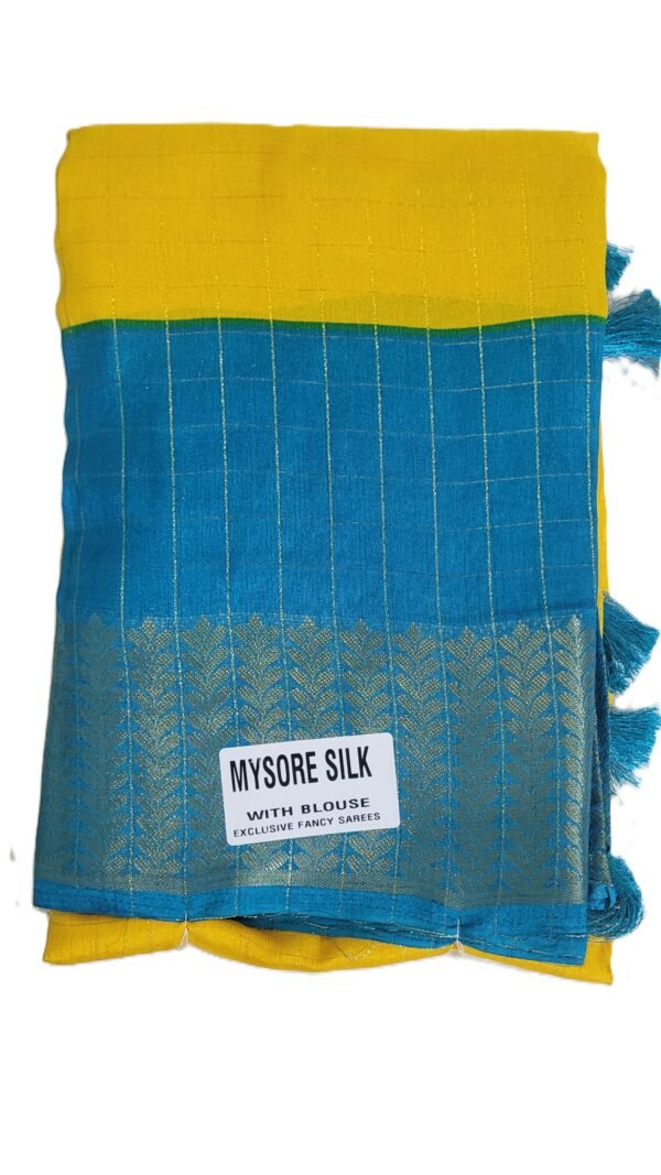 Mysore Silk Yellow & Sky Blue Saree with Golden Zari Work