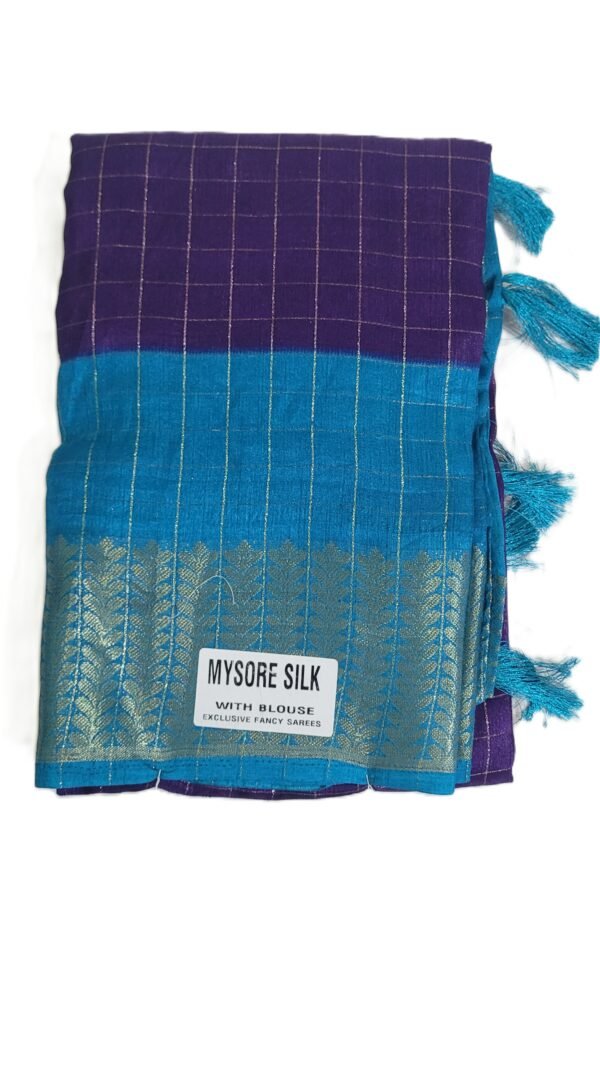 Mysore Silk Purple & Sky Blue Saree with Golden Zari Border