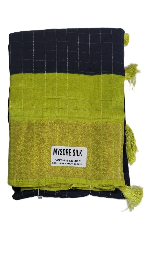 Mysore Silk Navy Blue & Parrot Green Saree with Golden Zari Border