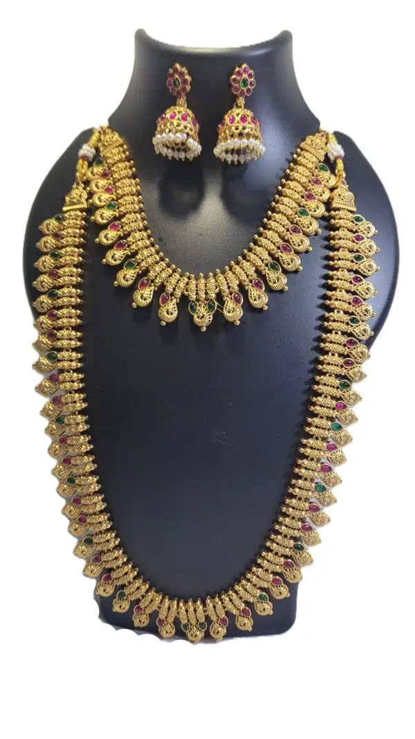South Indian Temple Jewellery Bridal Necklace Set – Kemp Stones (Haram + Choker + Earrings)