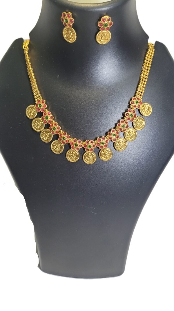 Temple Coin Gold-Plated Necklace Set with Ruby & Green Stones