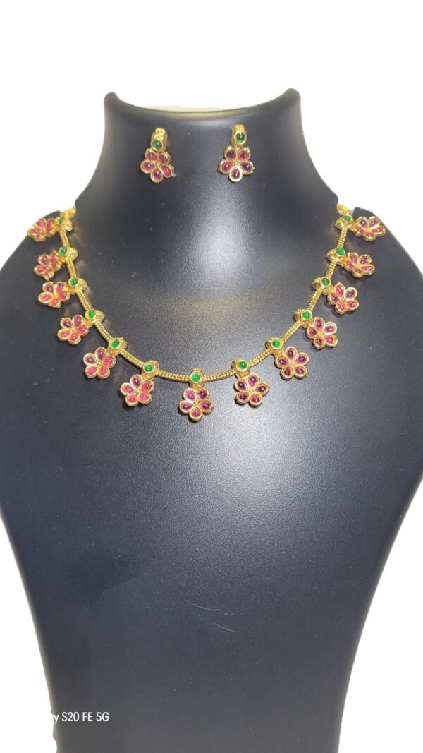 Traditional Floral Ruby Necklace Set with Green Stone Accents