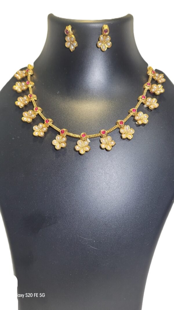 Traditional Floral Ruby Necklace Set with Pink Stone Accents