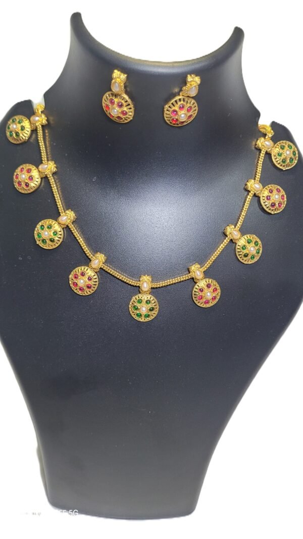 Traditional South Indian Gold-Plated Temple Necklace Set with Ruby, Emerald & Pearl Accents