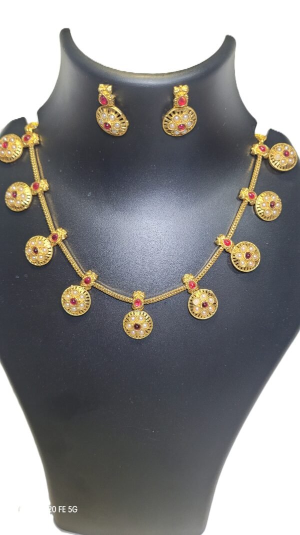 Traditional Gold-Plated Temple Necklace Set with Ruby and Pearl Detail