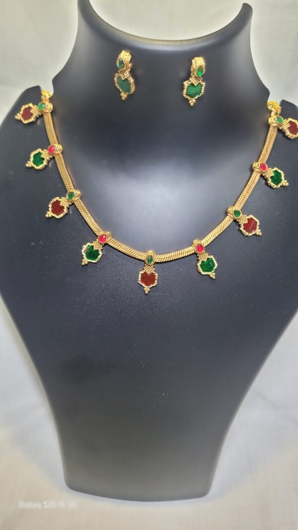 Traditional Gold-Plated Necklace Set with Ruby and Emerald Stones