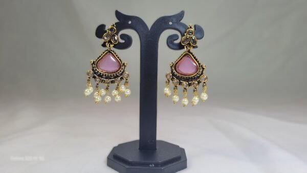 Pastel Pink Kundan Chandbali Earrings with Pearl Drops