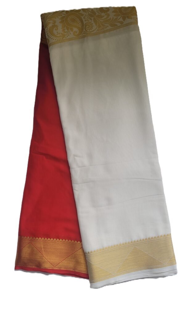 Half & Half Saree of Red and White with a Golden Zari Border.