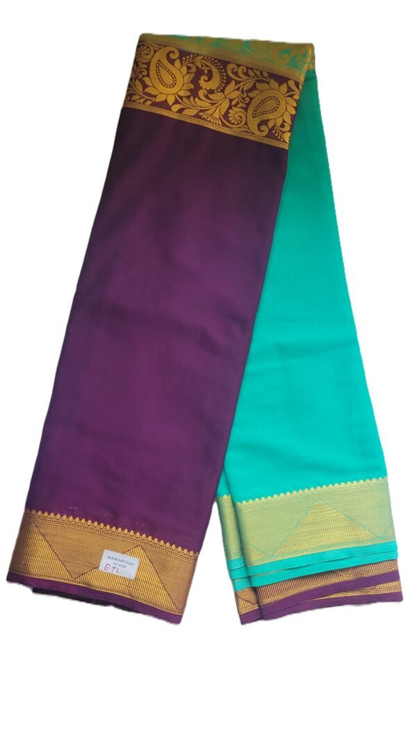 Half & Half saree of Deep Violet (Purple) & Aqua Sky Blue
