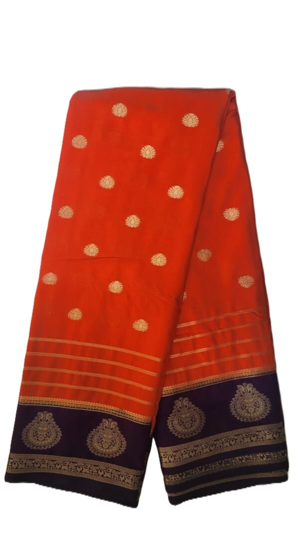 beautiful Orange and Violet saree with intricate golden zari work