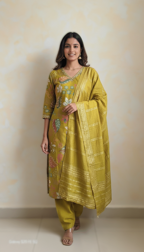 Mustard Yellow Floral Printed Salwar Kameez Set with Gold Bordered Dupatta