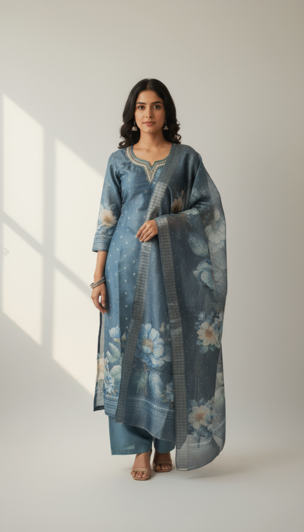 Steel Blue Floral Printed Straight Fit Salwar Kameez with Embroidered Neckline and Matching Dupatta