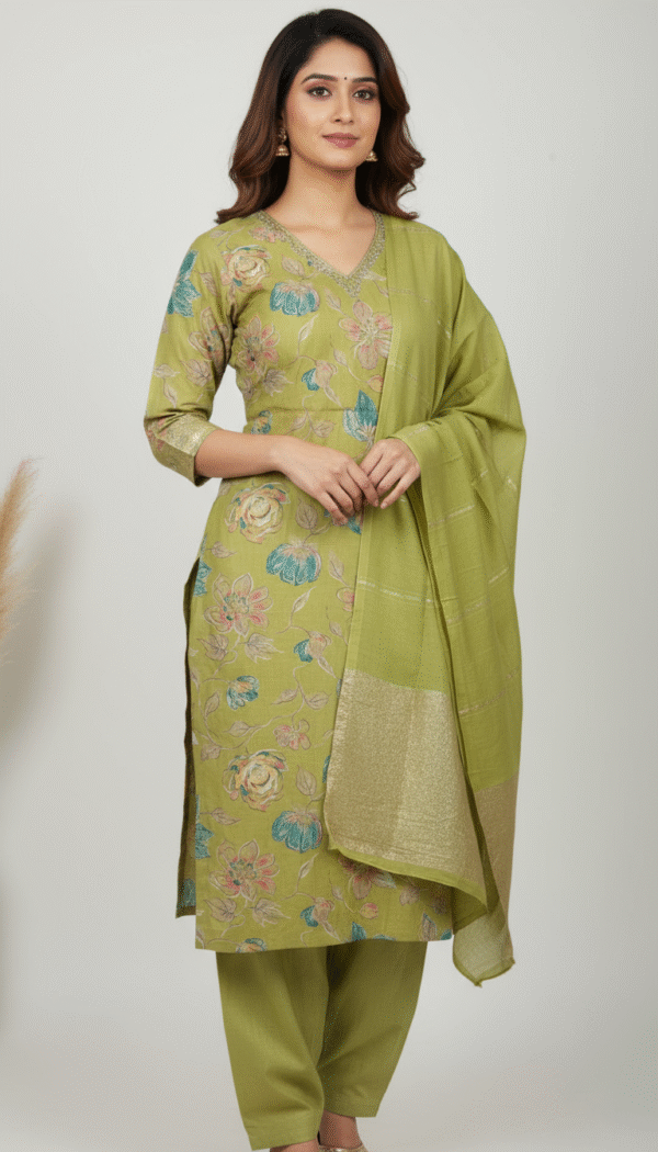 Olive Green Floral Printed Straight Fit Salwar Kameez with Gold Border Dupatta