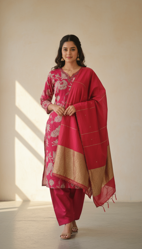 Dark Pink Floral Printed Straight Cut Salwar Kameez with Gold-Embroidered Dupatta