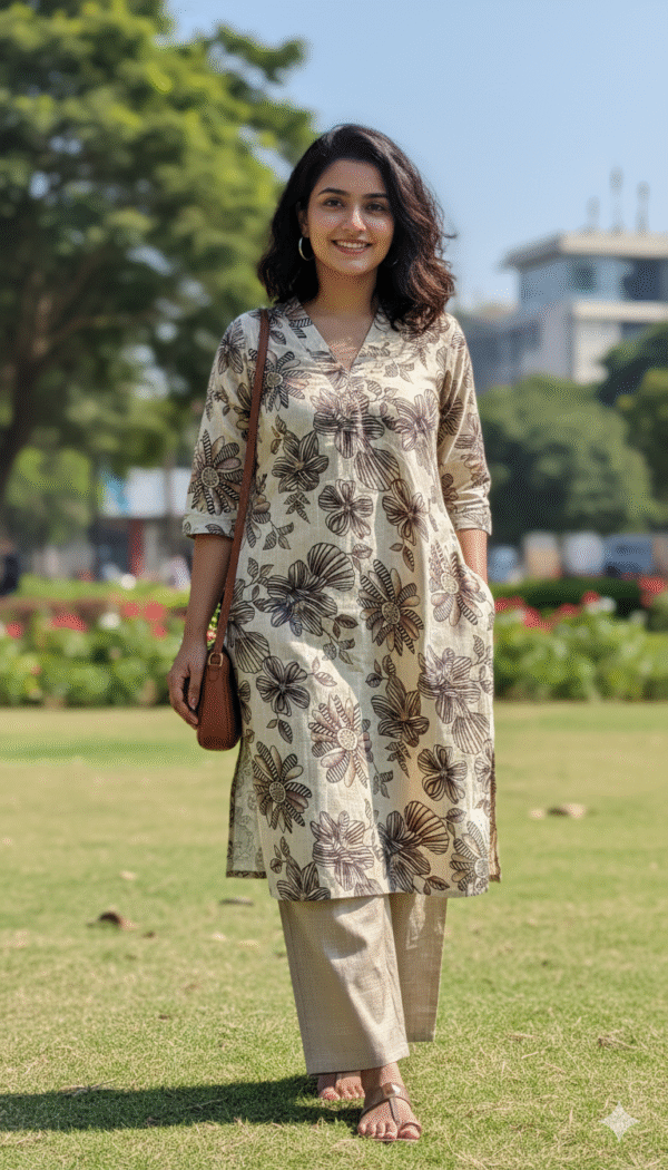 Floral Beige Vatican Kurti & Pant Co-ord Set for Women