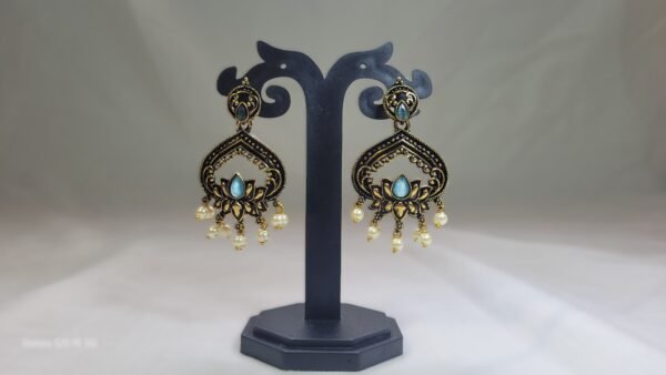 Antique Gold Lotus Drop Earrings with Pearl Danglers